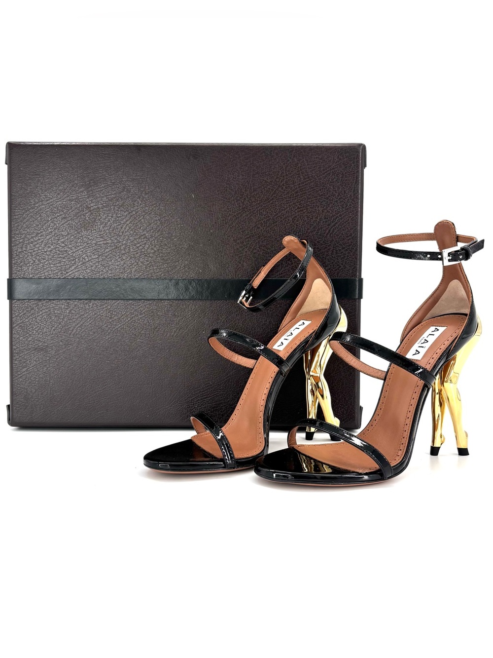 Alaia Cabaret Patent Leather Or and Noir Sculptural Legs Strappy Sandals 36.5 - Picture 2 of 10